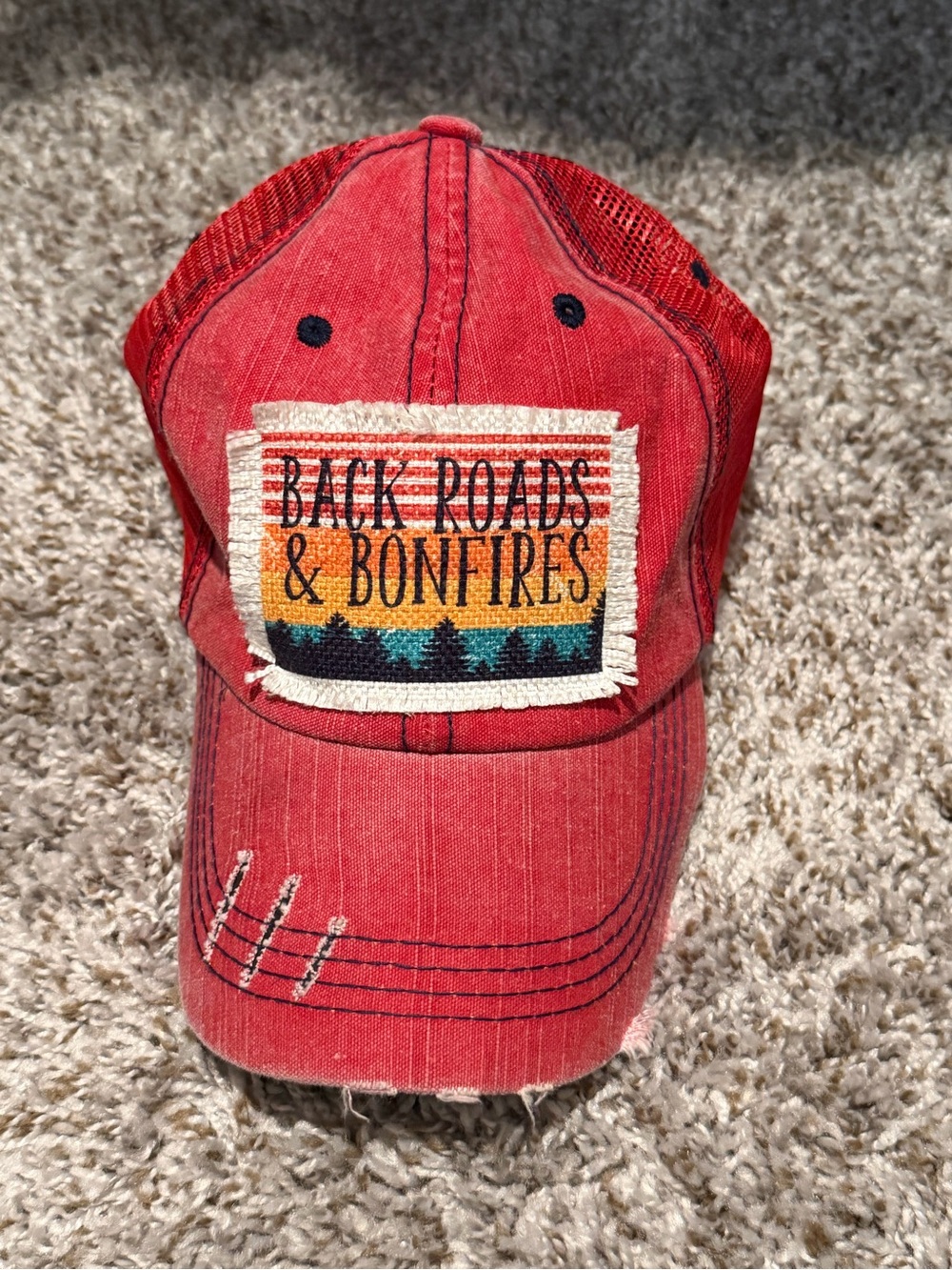 Back Roads & Bonfires Red Mens Trucker Hat - Casual Outdoor Cap